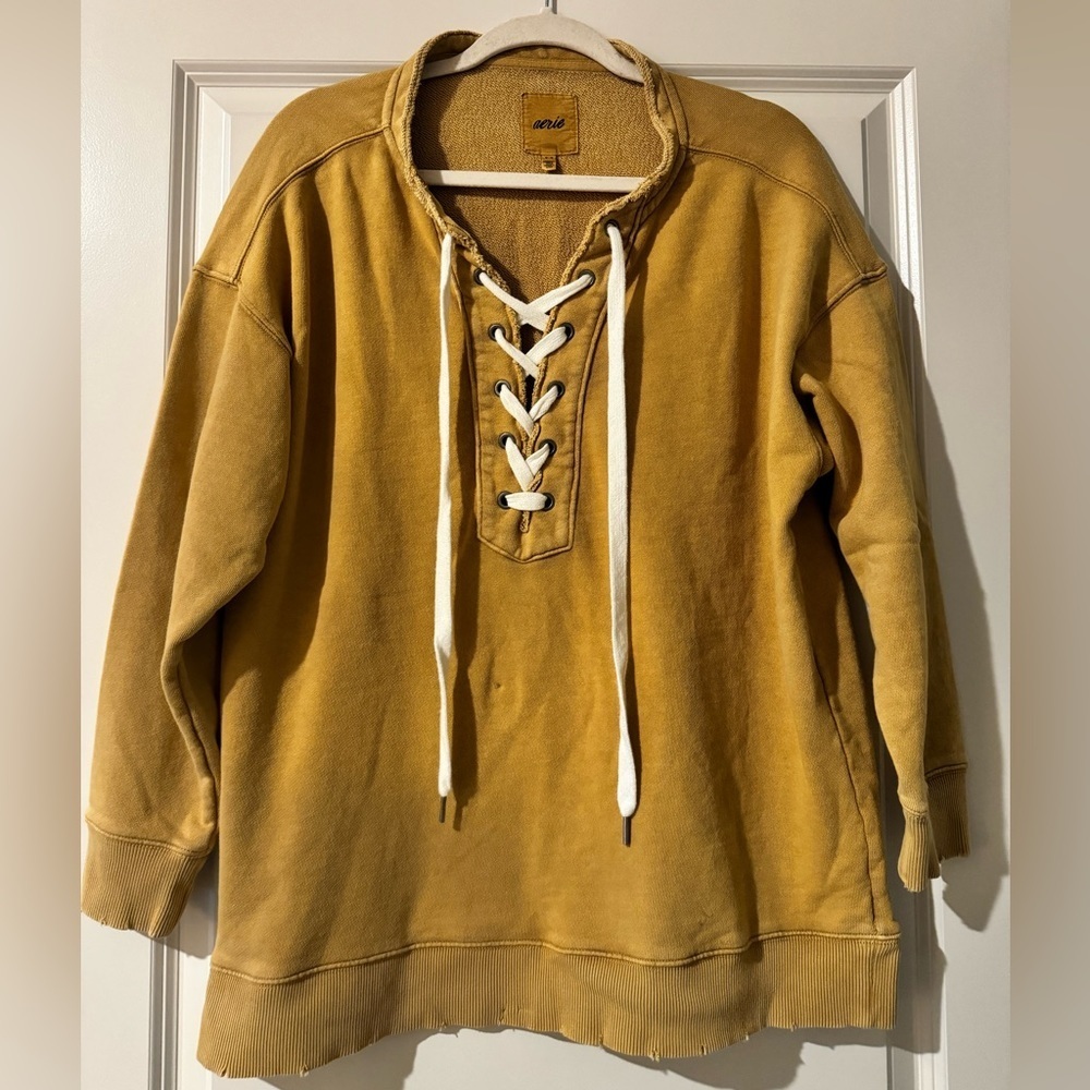Womens Aerie Lace Up Oversized Crew Sweatshirt Medium Yellow Honey
